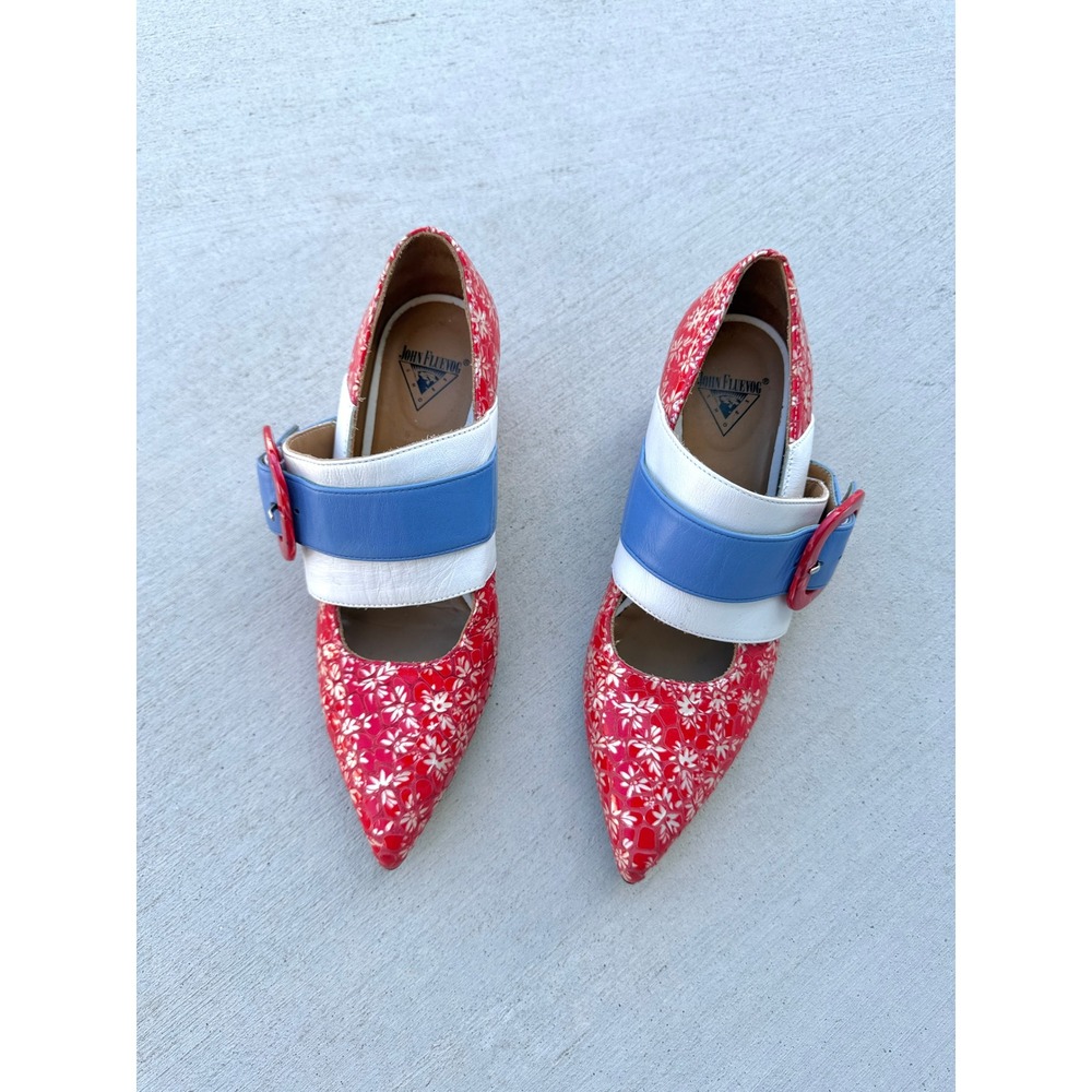 John Fluevog Effortless Felicity Floral Buckle Pumps Red White Block Heels 7.5 - Picture 2 of 9